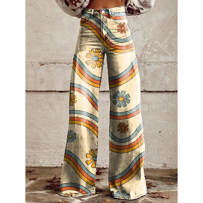 Naiste sinise lapilise mustriga prinditud vabaaja laia säärega püksid vintage värvi lillelised suvepüksid naljakad pehmed laia säärega püksid suures suuruses