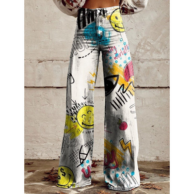 Naiste sinise lapilise mustriga prinditud vabaaja laia säärega püksid vintage värvi lillelised suvepüksid naljakad pehmed laia säärega püksid suures suuruses