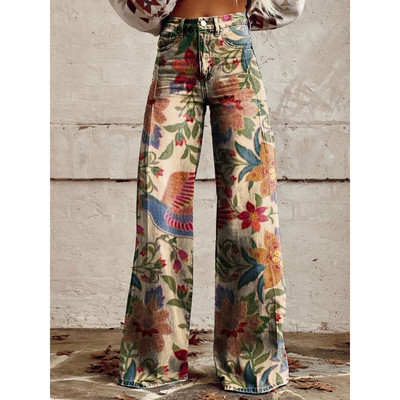 Naiste sinise lapilise mustriga prinditud vabaaja laia säärega püksid vintage värvi lillelised suvepüksid naljakad pehmed laia säärega püksid suures suuruses