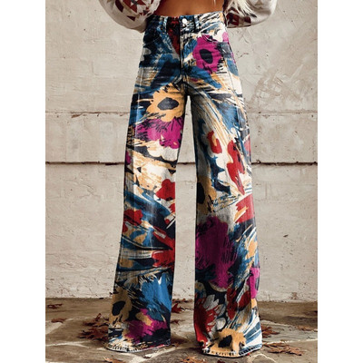 Naiste sinise lapilise mustriga prinditud vabaaja laia säärega püksid vintage värvi lillelised suvepüksid naljakad pehmed laia säärega püksid suures suuruses