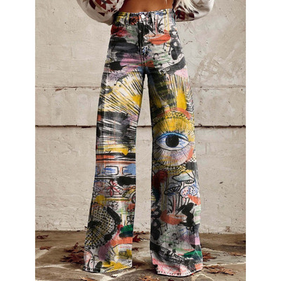 Naiste sinise lapilise mustriga prinditud vabaaja laia säärega püksid vintage värvi lillelised suvepüksid naljakad pehmed laia säärega püksid suures suuruses