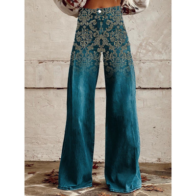 Naiste sinise lapilise mustriga prinditud vabaaja laia säärega püksid vintage värvi lillelised suvepüksid naljakad pehmed laia säärega püksid suures suuruses