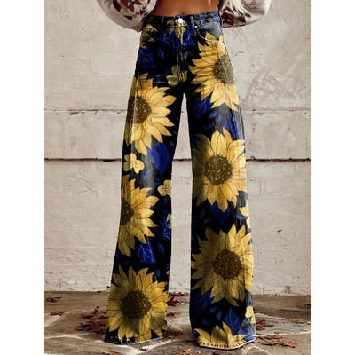 Naiste sinise lapilise mustriga prinditud vabaaja laia säärega püksid vintage värvi lillelised suvepüksid naljakad pehmed laia säärega püksid suures suuruses