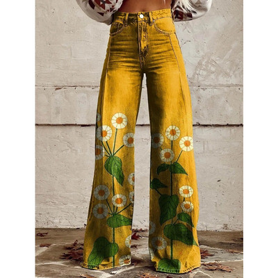 Naiste sinise lapilise mustriga prinditud vabaaja laia säärega püksid vintage värvi lillelised suvepüksid naljakad pehmed laia säärega püksid suures suuruses