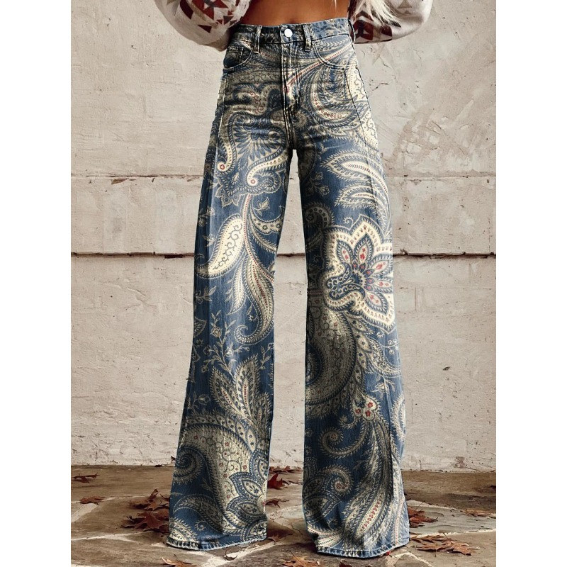 Naiste sinise lapilise mustriga prinditud vabaaja laia säärega püksid vintage värvi lillelised suvepüksid naljakad pehmed laia säärega püksid suures suuruses