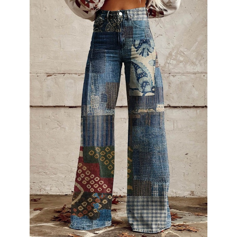Naiste sinise lapilise mustriga prinditud vabaaja laia säärega püksid vintage värvi lillelised suvepüksid naljakad pehmed laia säärega püksid suures suuruses