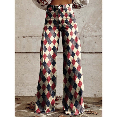 Sieviešu zilas un sarkanas svītras apdrukas ikdienišķas bikses ar platām kājām Vintage ģeometriskām svītrām vasaras bikses mīkstas bikses lielizmēra