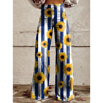 Sieviešu zilas un sarkanas svītras apdrukas ikdienišķas bikses ar platām kājām Vintage ģeometriskām svītrām vasaras bikses mīkstas bikses lielizmēra