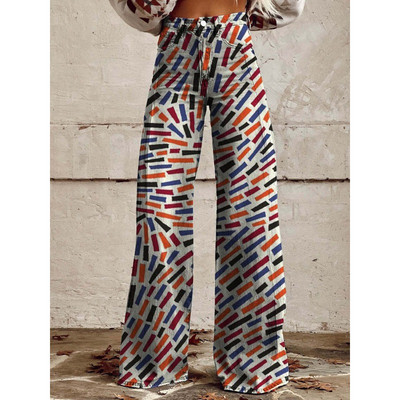 Sieviešu zilas un sarkanas svītras apdrukas ikdienišķas bikses ar platām kājām Vintage ģeometriskām svītrām vasaras bikses mīkstas bikses lielizmēra