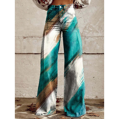 Sieviešu zilas un sarkanas svītras apdrukas ikdienišķas bikses ar platām kājām Vintage ģeometriskām svītrām vasaras bikses mīkstas bikses lielizmēra