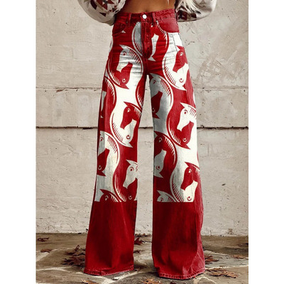 Sieviešu zilas un sarkanas svītras apdrukas ikdienišķas bikses ar platām kājām Vintage ģeometriskām svītrām vasaras bikses mīkstas bikses lielizmēra
