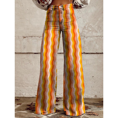 Sieviešu zilas un sarkanas svītras apdrukas ikdienišķas bikses ar platām kājām Vintage ģeometriskām svītrām vasaras bikses mīkstas bikses lielizmēra