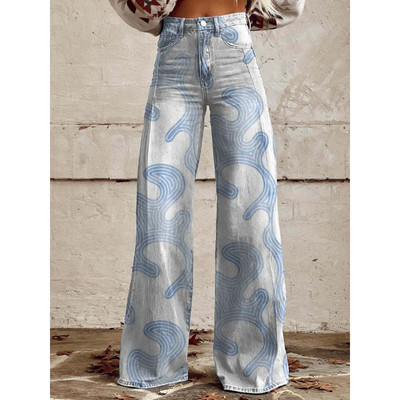 Sieviešu zilas un sarkanas svītras apdrukas ikdienišķas bikses ar platām kājām Vintage ģeometriskām svītrām vasaras bikses mīkstas bikses lielizmēra