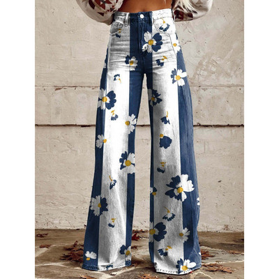 Sieviešu zilas un sarkanas svītras apdrukas ikdienišķas bikses ar platām kājām Vintage ģeometriskām svītrām vasaras bikses mīkstas bikses lielizmēra