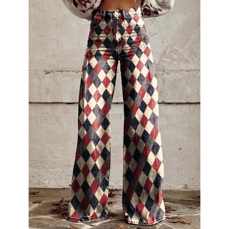 Sieviešu zilas un sarkanas svītras apdrukas ikdienišķas bikses ar platām kājām Vintage ģeometriskām svītrām vasaras bikses mīkstas bikses lielizmēra