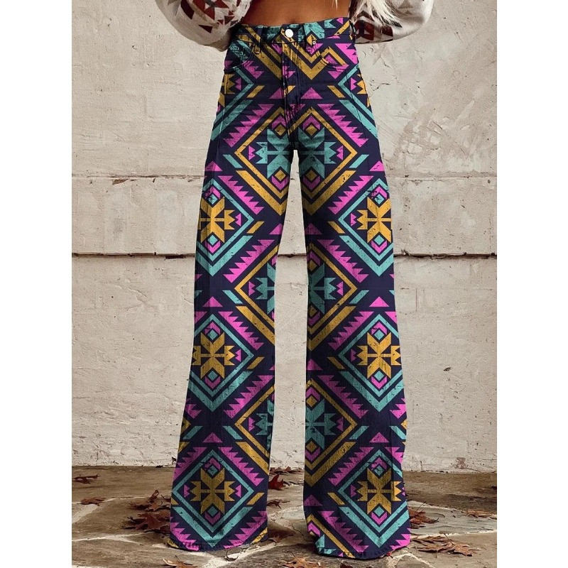 Sieviešu zilas un sarkanas svītras apdrukas ikdienišķas bikses ar platām kājām Vintage ģeometriskām svītrām vasaras bikses mīkstas bikses lielizmēra