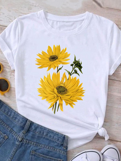 Ρούχα Καλοκαιρινό γραφικό μπλουζάκι με κοντομάνικο γυναικείο τύπωμα casual ακουαρέλα λουλούδι Νέα μόδα ρούχα Μπλουζάκι γυναικείο μπλουζάκι