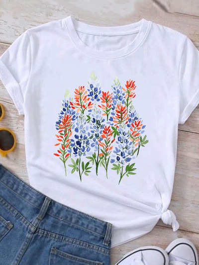 Ρούχα Καλοκαιρινό γραφικό μπλουζάκι με κοντομάνικο γυναικείο τύπωμα casual ακουαρέλα λουλούδι Νέα μόδα ρούχα Μπλουζάκι γυναικείο μπλουζάκι