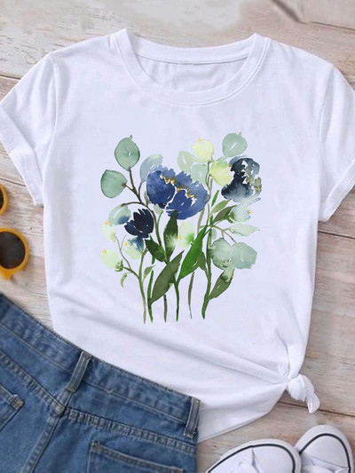 Ρούχα Καλοκαιρινό γραφικό μπλουζάκι με κοντομάνικο γυναικείο τύπωμα casual ακουαρέλα λουλούδι Νέα μόδα ρούχα Μπλουζάκι γυναικείο μπλουζάκι