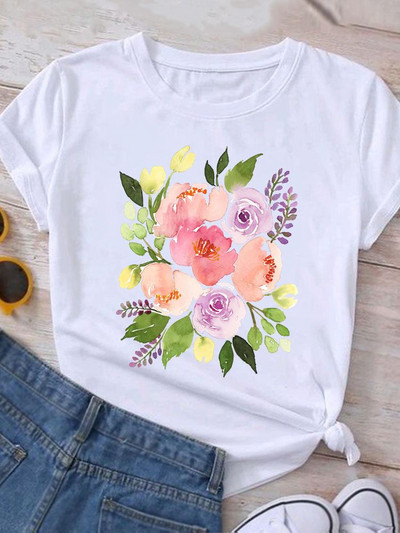 Ρούχα Καλοκαιρινό γραφικό μπλουζάκι με κοντομάνικο γυναικείο τύπωμα casual ακουαρέλα λουλούδι Νέα μόδα ρούχα Μπλουζάκι γυναικείο μπλουζάκι