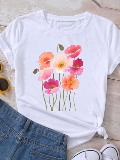 Ρούχα Καλοκαιρινό γραφικό μπλουζάκι με κοντομάνικο γυναικείο τύπωμα casual ακουαρέλα λουλούδι Νέα μόδα ρούχα Μπλουζάκι γυναικείο μπλουζάκι