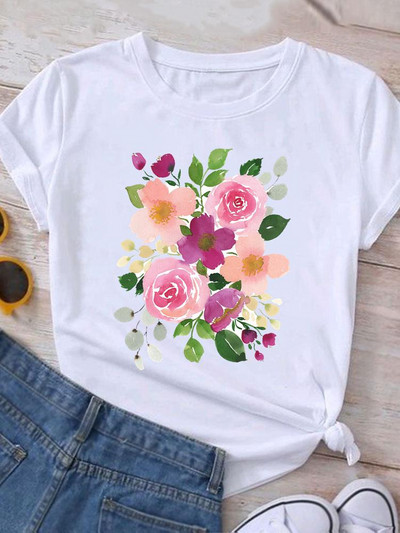 Ρούχα Καλοκαιρινό γραφικό μπλουζάκι με κοντομάνικο γυναικείο τύπωμα casual ακουαρέλα λουλούδι Νέα μόδα ρούχα Μπλουζάκι γυναικείο μπλουζάκι