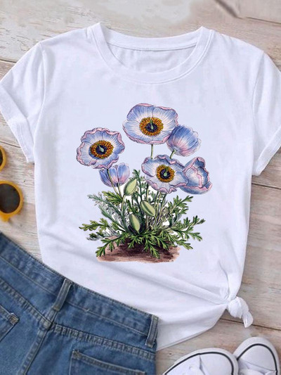 Ρούχα Καλοκαιρινό γραφικό μπλουζάκι με κοντομάνικο γυναικείο τύπωμα casual ακουαρέλα λουλούδι Νέα μόδα ρούχα Μπλουζάκι γυναικείο μπλουζάκι