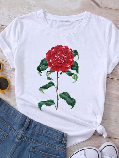 Ρούχα Καλοκαιρινό γραφικό μπλουζάκι με κοντομάνικο γυναικείο τύπωμα casual ακουαρέλα λουλούδι Νέα μόδα ρούχα Μπλουζάκι γυναικείο μπλουζάκι