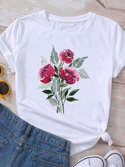 Ρούχα Καλοκαιρινό γραφικό μπλουζάκι με κοντομάνικο γυναικείο τύπωμα casual ακουαρέλα λουλούδι Νέα μόδα ρούχα Μπλουζάκι γυναικείο μπλουζάκι
