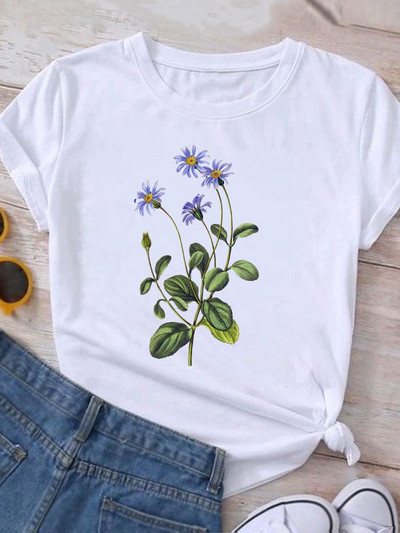 Ρούχα Καλοκαιρινό γραφικό μπλουζάκι με κοντομάνικο γυναικείο τύπωμα casual ακουαρέλα λουλούδι Νέα μόδα ρούχα Μπλουζάκι γυναικείο μπλουζάκι