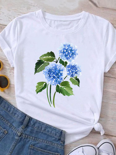 Ρούχα Καλοκαιρινό γραφικό μπλουζάκι με κοντομάνικο γυναικείο τύπωμα casual ακουαρέλα λουλούδι Νέα μόδα ρούχα Μπλουζάκι γυναικείο μπλουζάκι