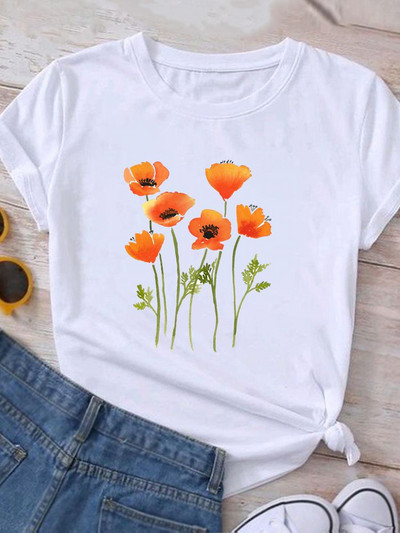 Ρούχα Καλοκαιρινό γραφικό μπλουζάκι με κοντομάνικο γυναικείο τύπωμα casual ακουαρέλα λουλούδι Νέα μόδα ρούχα Μπλουζάκι γυναικείο μπλουζάκι