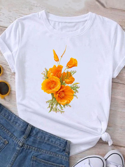 Ρούχα Καλοκαιρινό γραφικό μπλουζάκι με κοντομάνικο γυναικείο τύπωμα casual ακουαρέλα λουλούδι Νέα μόδα ρούχα Μπλουζάκι γυναικείο μπλουζάκι