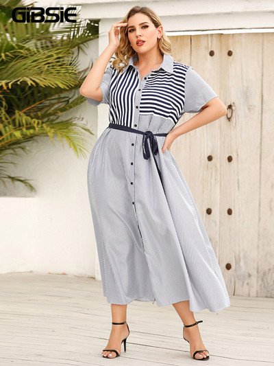 GIBSIE svītrainu krāsu bloku jostu kreklkleita sievietēm vasaras īsām piedurknēm A-līnijas ikdienas kleitas lielizmēra biroja Maxi gara kleita