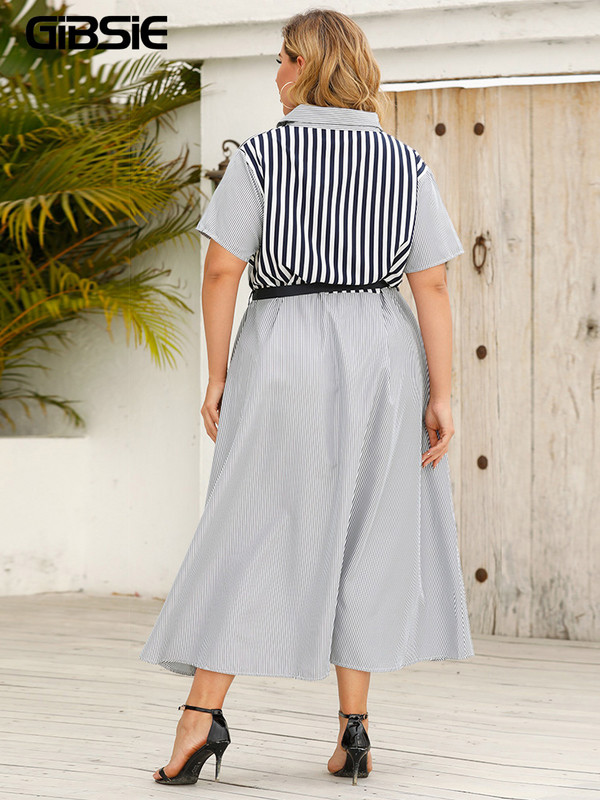 GIBSIE svītrainu krāsu bloku jostu kreklkleita sievietēm vasaras īsām piedurknēm A-līnijas ikdienas kleitas lielizmēra biroja Maxi gara kleita