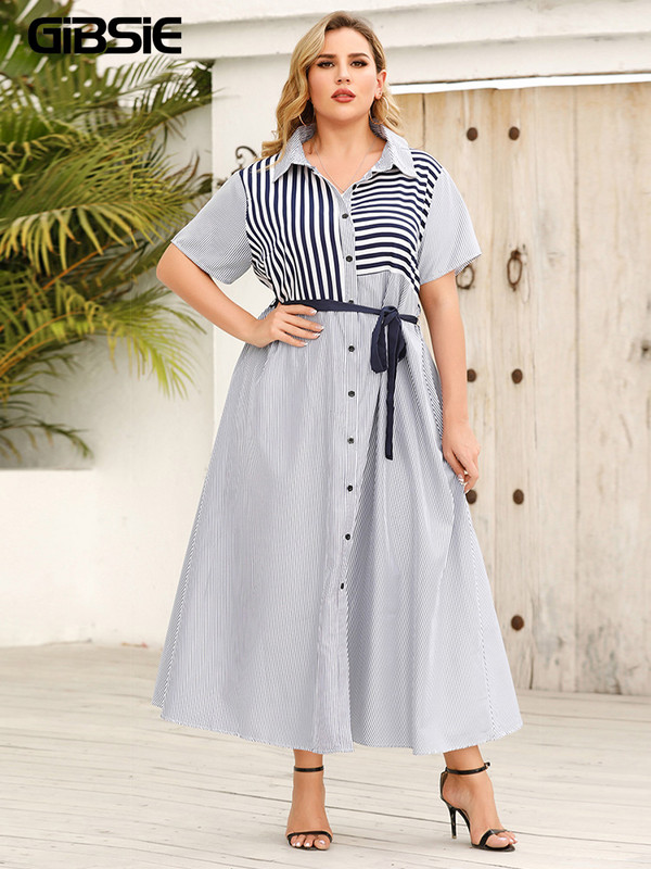 GIBSIE svītrainu krāsu bloku jostu kreklkleita sievietēm vasaras īsām piedurknēm A-līnijas ikdienas kleitas lielizmēra biroja Maxi gara kleita