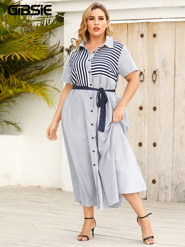 GIBSIE svītrainu krāsu bloku jostu kreklkleita sievietēm vasaras īsām piedurknēm A-līnijas ikdienas kleitas lielizmēra biroja Maxi gara kleita