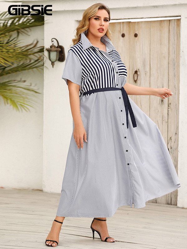 GIBSIE svītrainu krāsu bloku jostu kreklkleita sievietēm vasaras īsām piedurknēm A-līnijas ikdienas kleitas lielizmēra biroja Maxi gara kleita