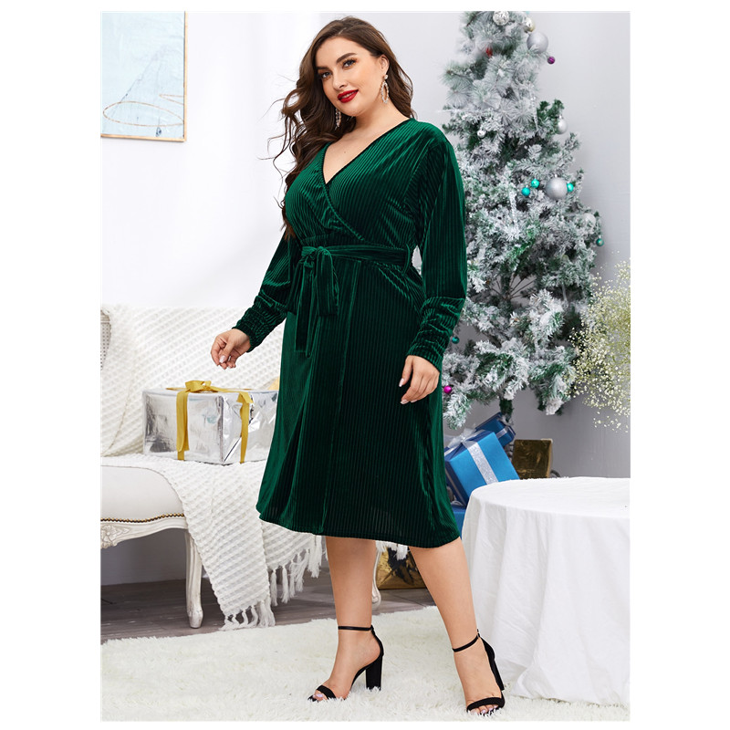 Liela izmēra, garām piedurknēm Eleganta pavasara rudens Midi samta ietīšanas kleita ar sasienamu jostasvietu V veida kakla izgriezumā, formāli pieskaņota, uzliesmojoša ballīšu kleita Ziemassvētku kleita