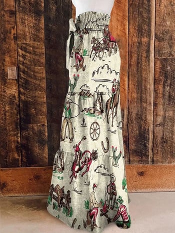 Vintage παντελόνι Wild West Cowboys Print Tiered Palazzo