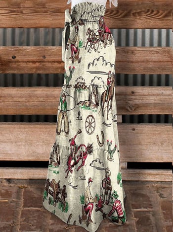 Vintage παντελόνι Wild West Cowboys Print Tiered Palazzo