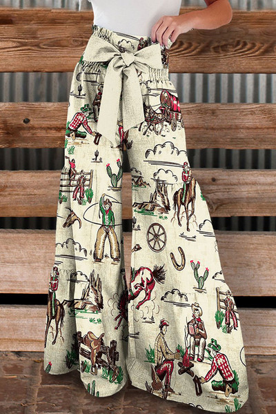 Vintage Wild West Cowboys Print astmelised Palazzo püksid