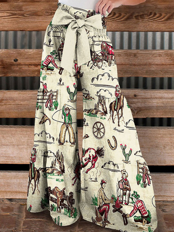 Pantaloni Palazzo cu etaje cu imprimeu Wild West Cowboys de epocă