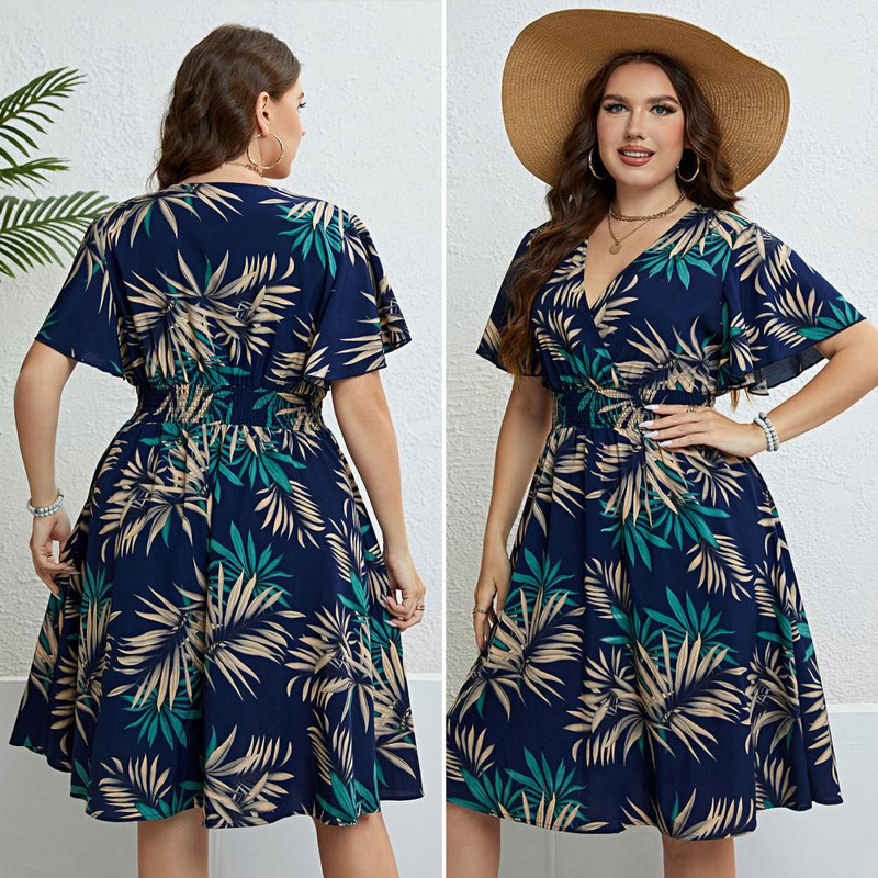 Női nagy méretű ruha gumírozott derékkal Női ruha Elegáns levélmintás maxi ruha nőknek Kényelmes V-nyakú kültéri használatra