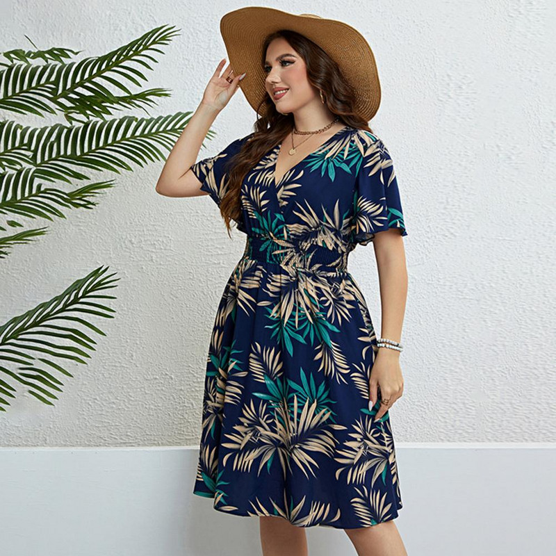 Női nagy méretű ruha gumírozott derékkal Női ruha Elegáns levélmintás maxi ruha nőknek Kényelmes V-nyakú kültéri használatra