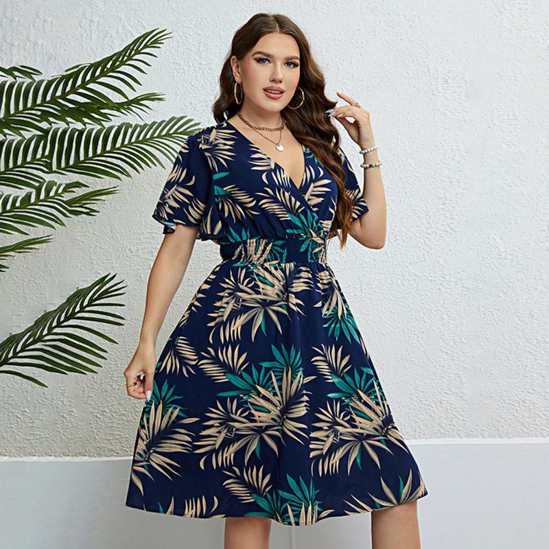 Női nagy méretű ruha gumírozott derékkal Női ruha Elegáns levélmintás maxi ruha nőknek Kényelmes V-nyakú kültéri használatra