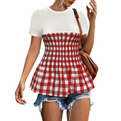 Női divat, kerek nyakú, rövid ujjú, kockás patchwork pulóver póló felső Топы больших размеров molett oberteile 티셔츠