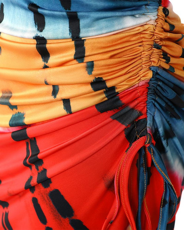 Nagy méretű nyakkendőfesték, húzózsinórral nyomtatott, roncsolt, magasan hasított ruha