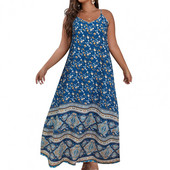 Liela izmēra vasaras pludmales maxi kleita sievietēm ar bohēmisku ziedu apdruku bez piedurknēm bez atzveltnes A-līnijas liela apakšmala, brīva siksniņa kleita