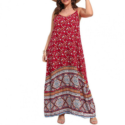 Liela izmēra vasaras pludmales maxi kleita sievietēm ar bohēmisku ziedu apdruku bez piedurknēm bez atzveltnes A-līnijas liela apakšmala, brīva siksniņa kleita